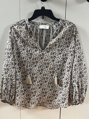 Cleobella Belle Blouse Eloisa Floral Cotton Peasant Top Tassel Tie Semi Sheer S